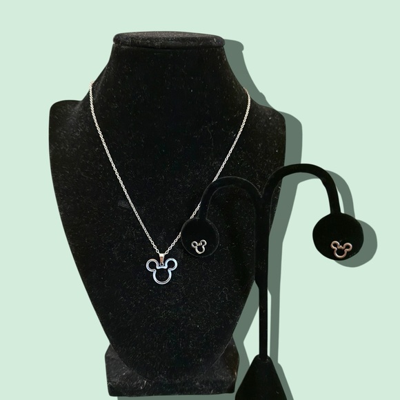 Silver Mickey Mouse Pendant Necklace and Earrings Set - Picture 1 of 2